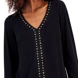 INC International Concepts Black V-Neck Studded Blouse